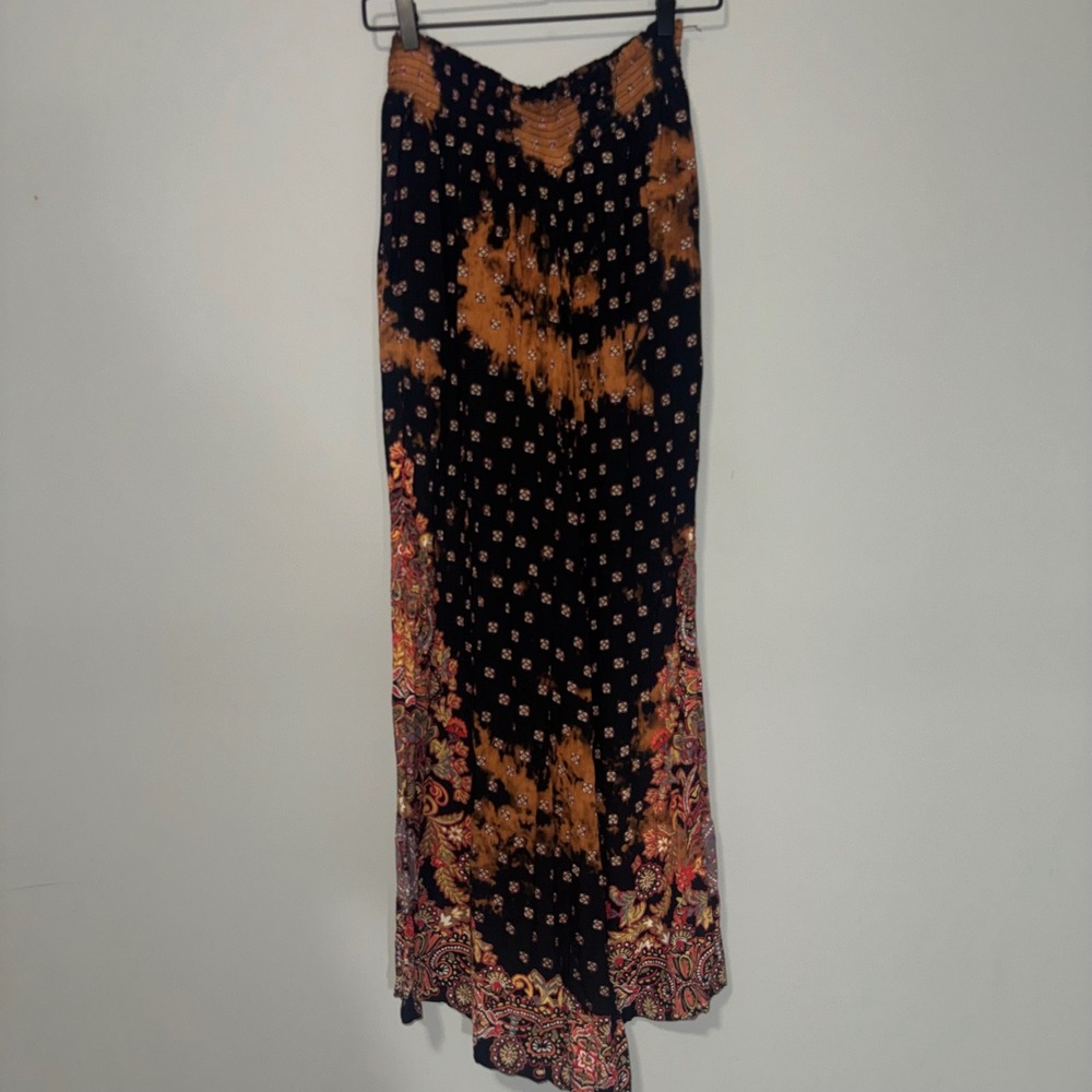 Angie Women M Black Orange Tie Dye Paisley Wide Leg Smocked Boho Festival Pants